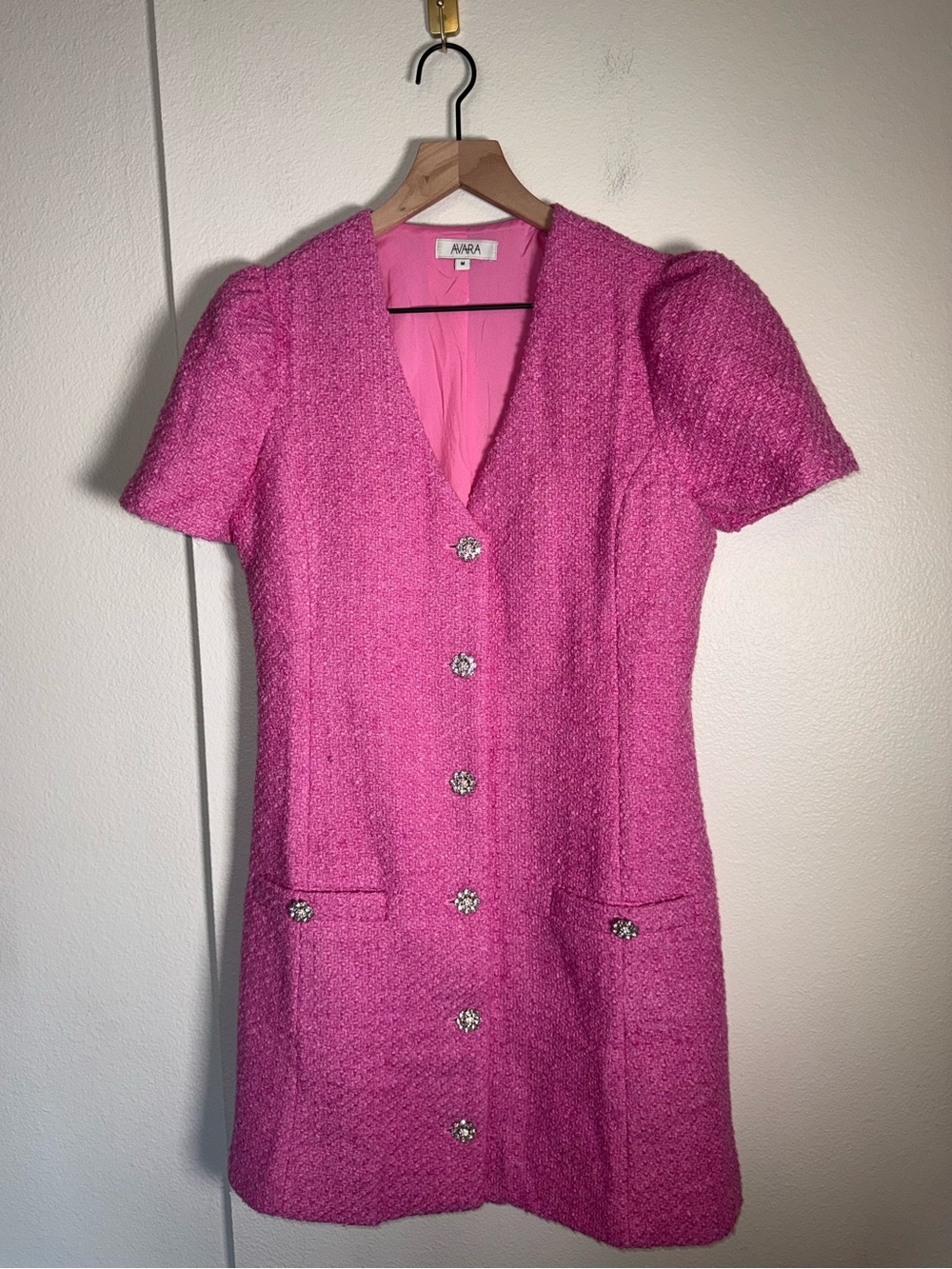 AVARA BOUTIQUE tweed Barbiecore rhinestone button interview outfit mini dress M